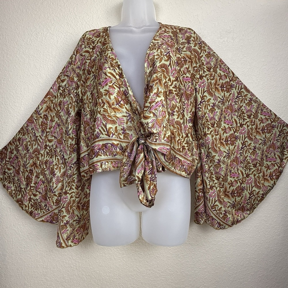 Women's 100% Silk Gold Floral Tie Front Butterfly Sleeve Artsy Kimono Sz O/S